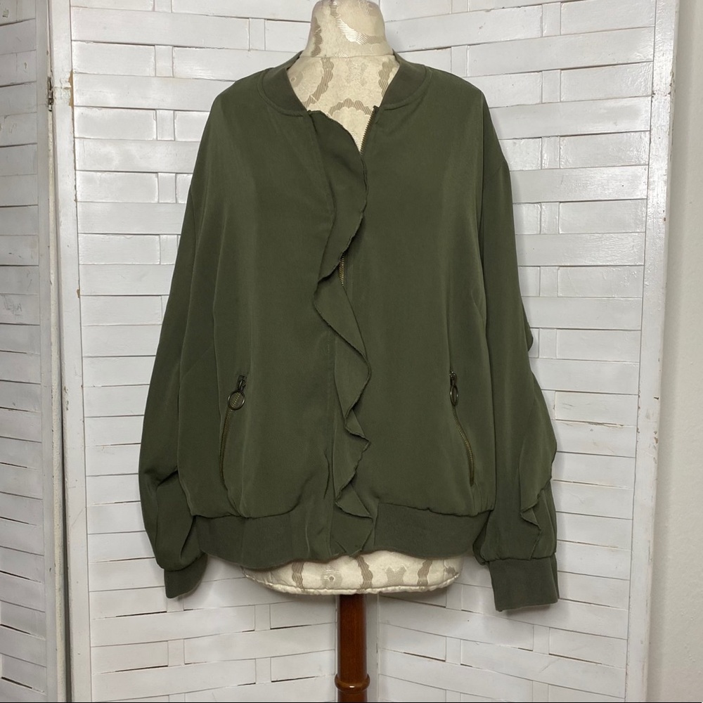 WHO WHAT WEAR Olive Green Ruffle Bomber